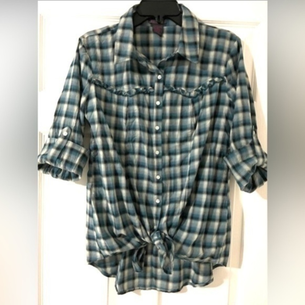 Fire Los Angeles long sleeve button down plaid shirt with ruffled yoke detail